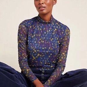 Anthropologie Blue Floral Mesh Turtleneck Top XS Sheer‎ Long Sleeve Cottagecore